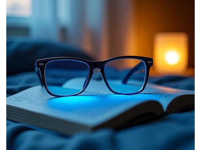 Stylish blue light blocking glasses resting on an open book or tablet, illustrating eye protection and improved sleep in a modern home setting.
